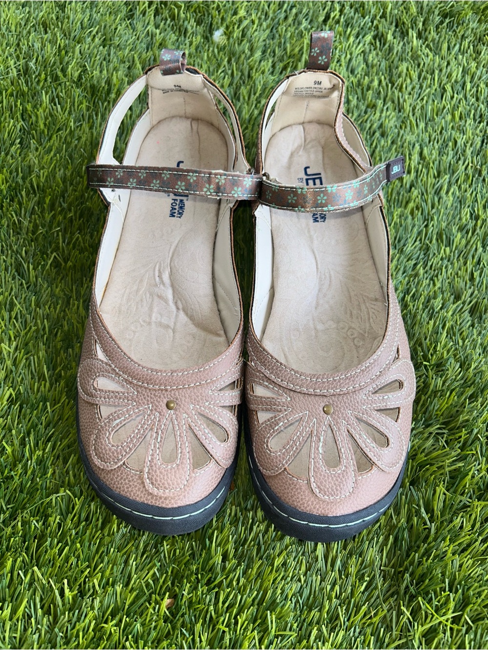 JBU brown Floral Cutout Mary Jane Flats with Metallic Strap